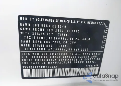 2024 Volkswagen Tiguan 2.0T S from USA, damaged, VIN 3VVRB7AX9RM205642